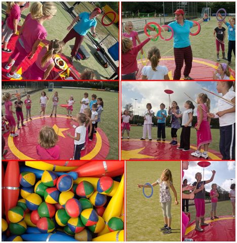 Workshops door Circus Kiko tijdens de sportdag op basisschool de Wittering in Rosmalen.